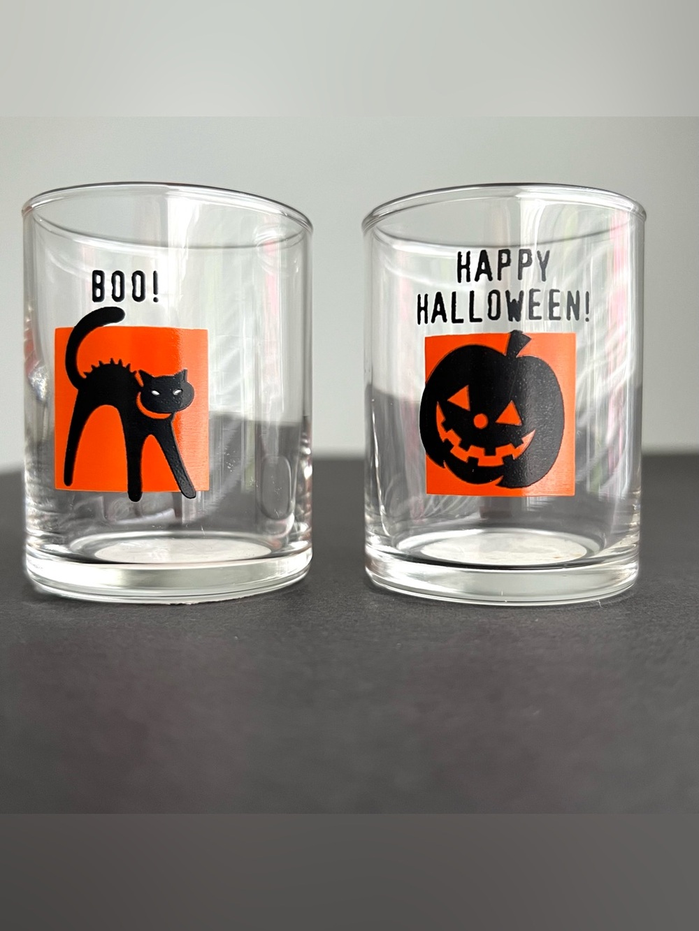 Vintage Halloween Glass Votive Candleholder 2PC Set Black Cat Jack-O-Lantern
